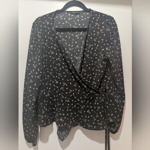 Dynamite Black Floral Wrap Blouse